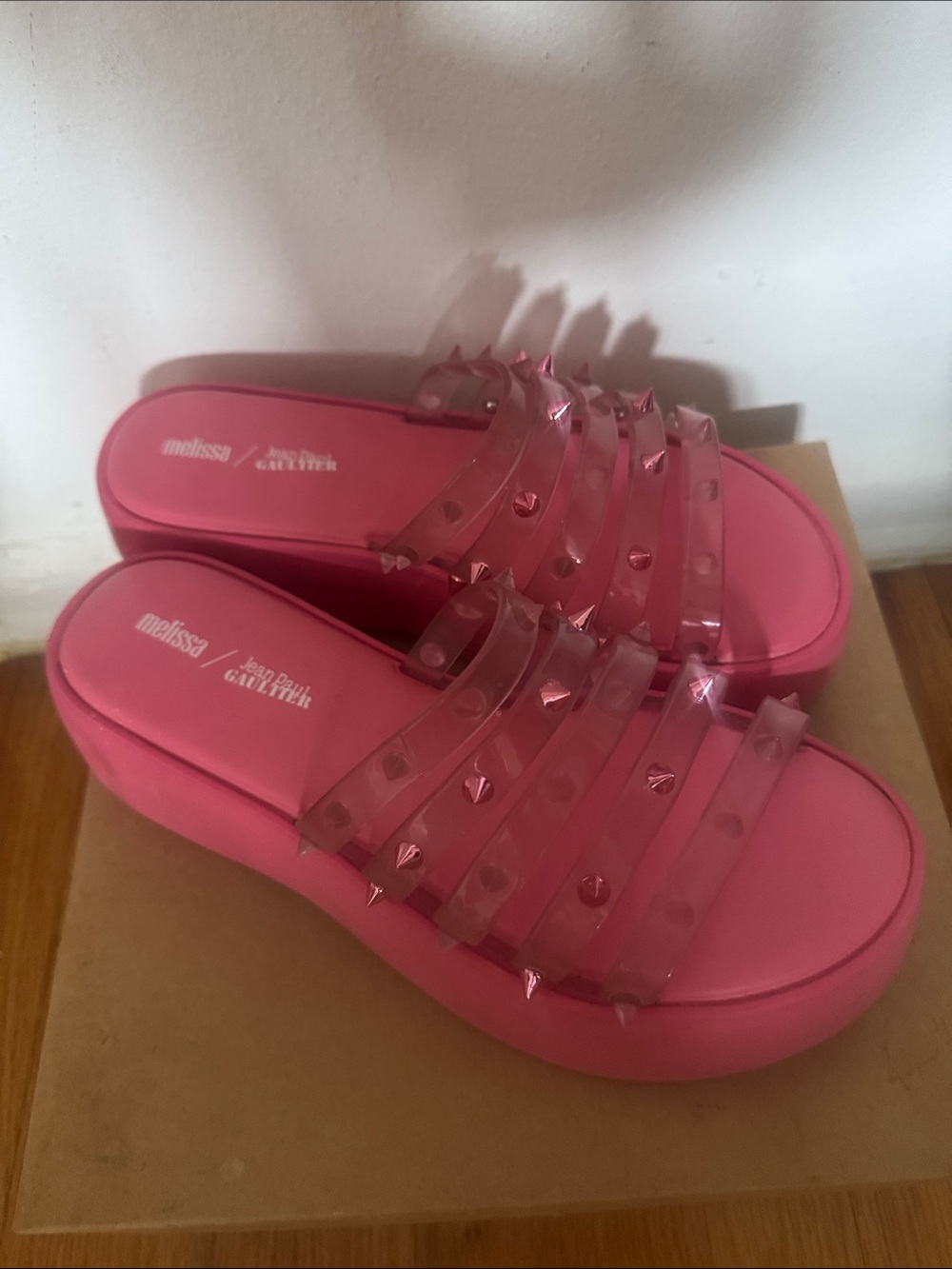 Jean Paul Gaultier x Melissa Hot Pink Studded Clear-Strip Slide Sandals